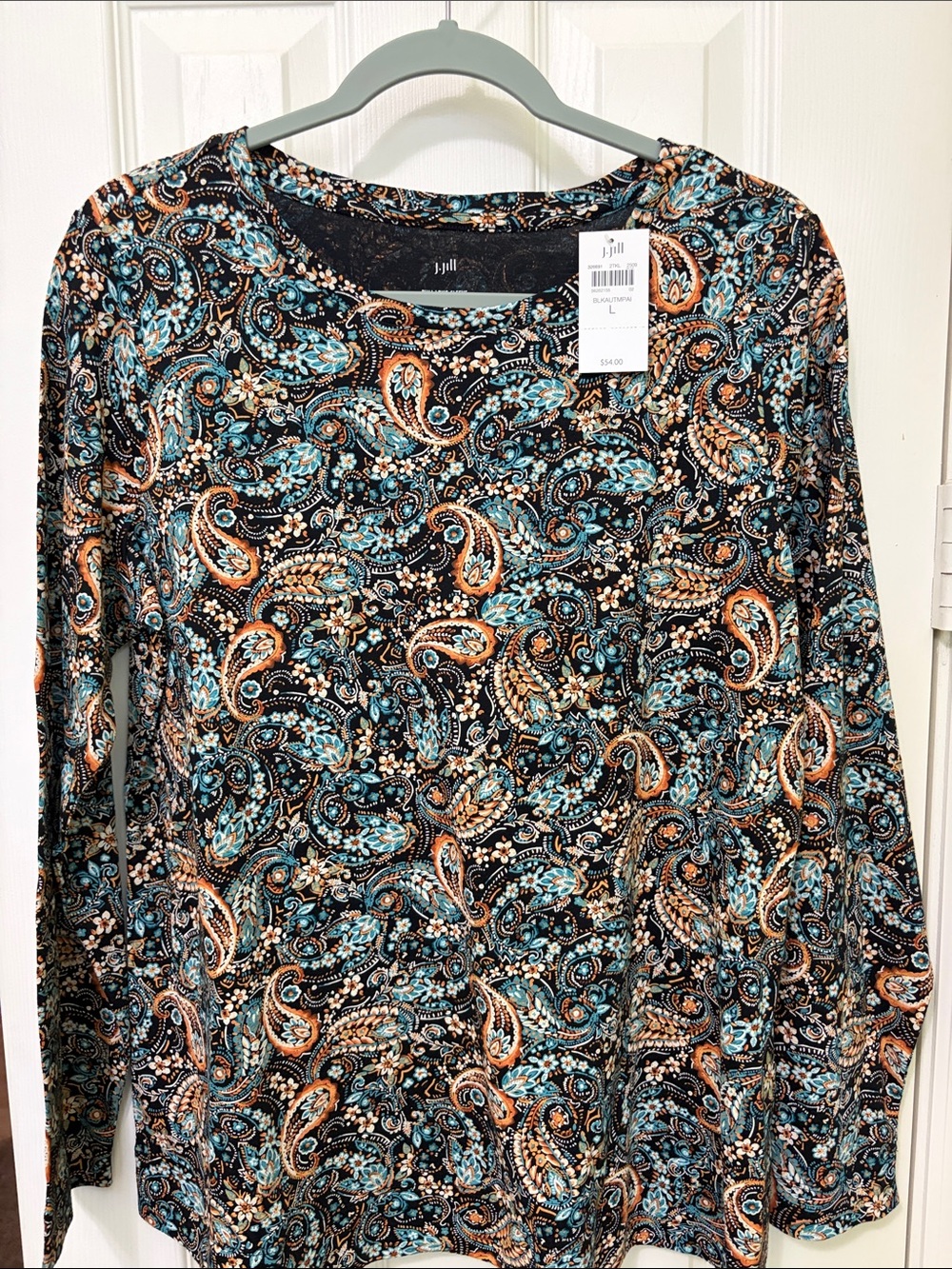 J. Jill Black Paisley Long-Sleeve Tee with Turquoise and Orange Accents